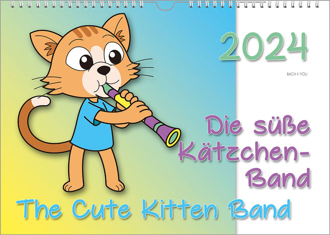 This music calendar for children features a cute painted cat playing a flute in the two thirds on the left. On the right is a white field with the year at the top. The title is also at the bottom right of both areas.