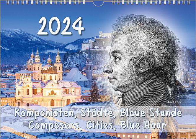 Mozart in front of snow-covered Salzburg at night. Mozart is on the right, Salzburg on the left. It is a landscape format composers calendar. There is a white year at the top and the title at the bottom.