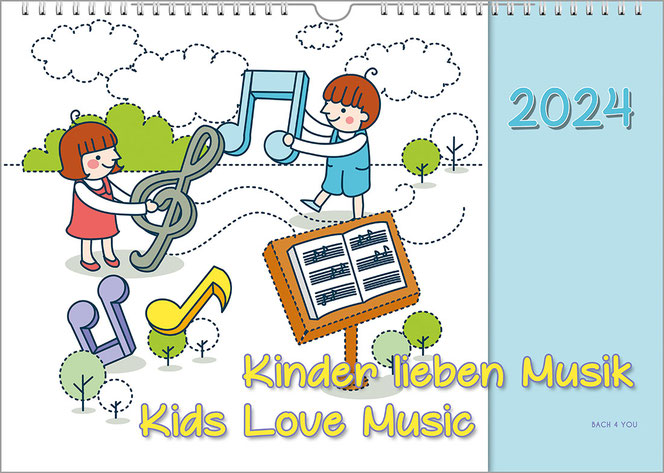 In the left field of the music calendar for kids, two painted young children are making music. The background of the area is white. On the right is a vertical light blue area. The year is at the top right. The title is at the bottom center.