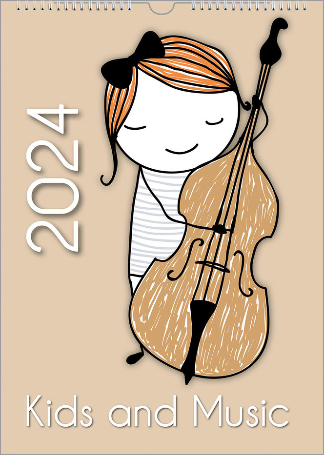 A cute painted girl in brown tones is standing and has a bass in front of her. The background is light beige. The year is upright at the top left and the title is at the bottom.
