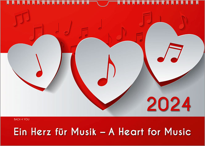 Three horizontal fields adorn this music calendar in the Bach Shop. The top and bottom are red, the middle is white. Three hearts float above it, each with a note inside. The year is at the bottom right, with the title in the middle below.