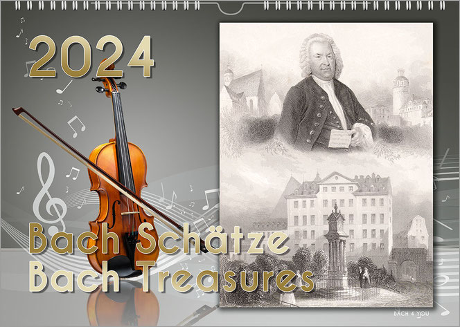 The gray background of this Bach calendar shows an upright violin with a bow on the left and a black and white postcard with the portrait at the top and the Thomas School at the bottom. At the top left is the year, below it the calendar title.