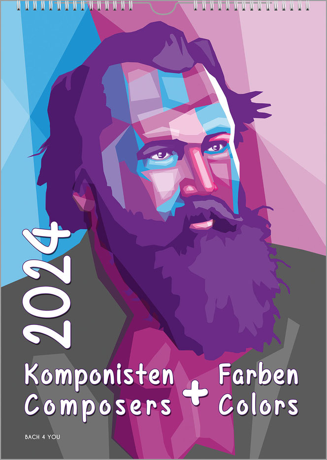 A cool composers calendar in the Bach Shop. The portrait-format calendar is adorned with a comic of Brahms in bright colors. On the vertical left is the huge year, with the title below it at the bottom of the picture.
