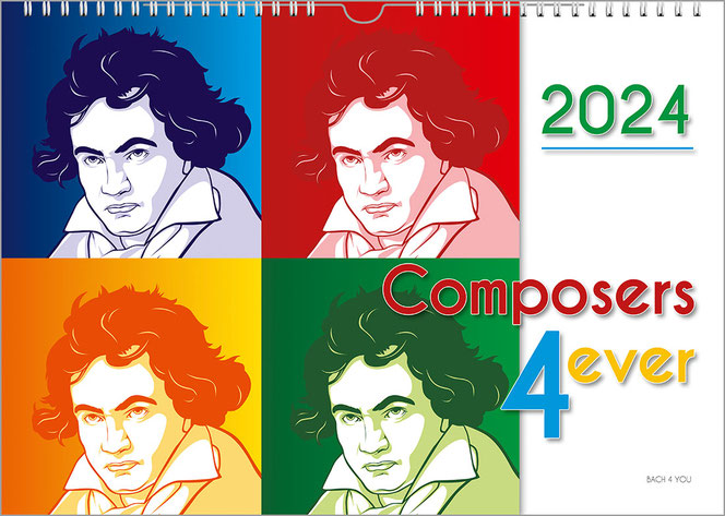 A composers calendar in the Warhol style. In the Bach shop. On the left 2/3 is the same cartoon of Beethoven four times, each time with different colors. The right third of the picture is white, with the year in green at the top and the title in three col