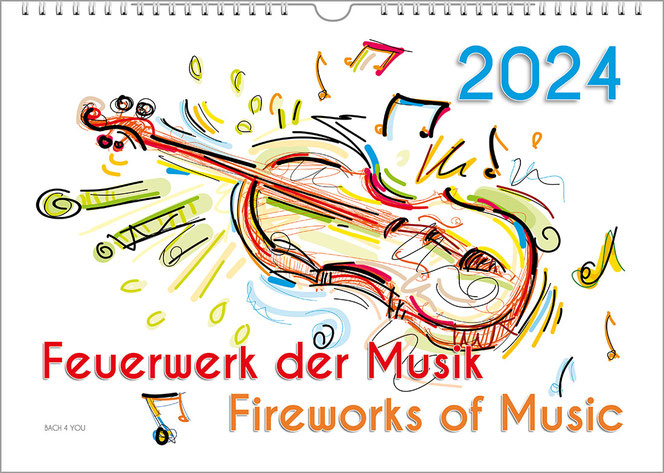 A violin is really colorfully painted on a white background. The year is at the top right, the title at the bottom. It is a firework of colors. The calendar is for children.
