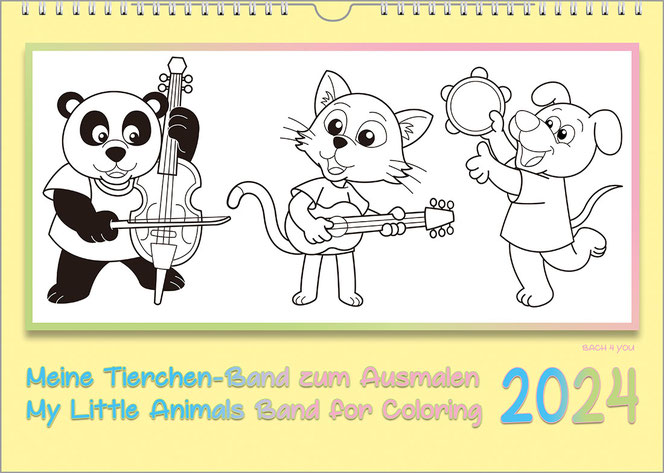 A landscape format music calendar for children to color in. Three painted cute little animals play musical instruments in the inner white area. The frame around the outside is light yellow. The calendar title is at the bottom left and the year on the righ