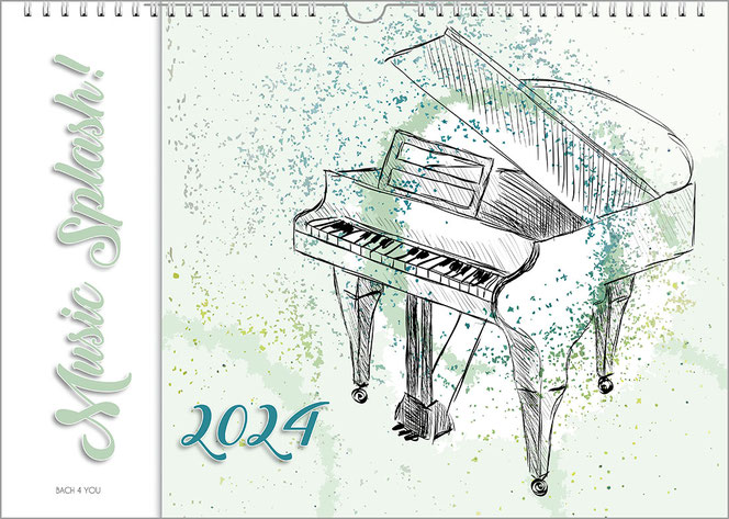A landscape-format music calendar. In the right four fifths is a drawn concert grand piano. Small green notes can also be seen everywhere. The left vertical fifth is white. The title is written there vertically. To the right is the calendar year.