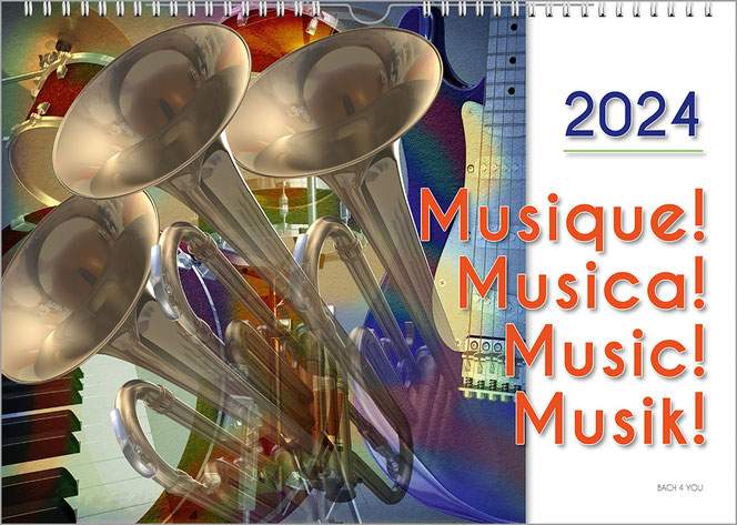 A music calendar in the Bach Shop. In the left three quarters of the calendar, three trombones are painted in a modern setting and enriched with colors around them. The right quarter is white. At the top is the year, at the bottom the title of the calenda