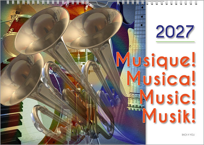 A music calendar in the Bach Shop. In the left three quarters of the calendar, three trombones are painted in a modern setting and enriched with colors around them. The right quarter is white. At the top is the year, at the bottom the title of the calenda
