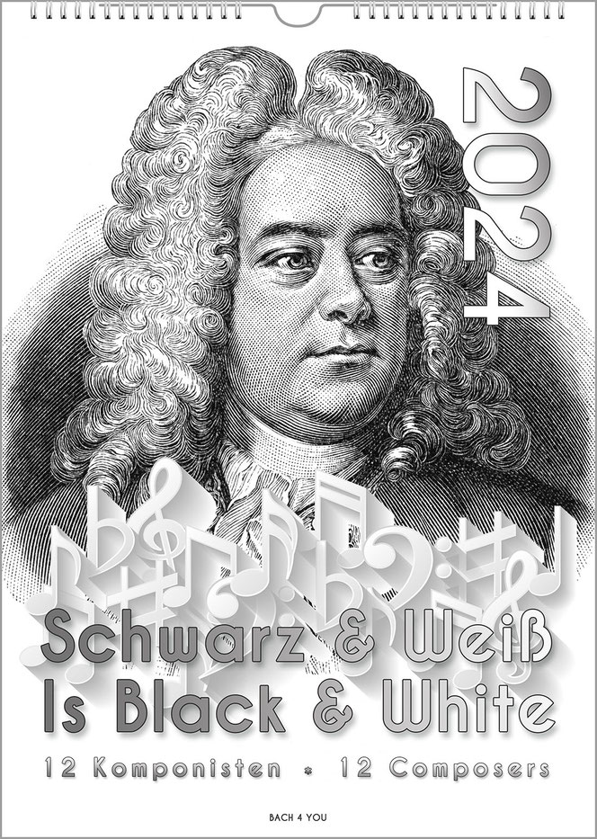 A black and white portrait format composers calendar. It is a wood engraving of Handel. The year is upright on the right and the title is at the bottom. Above the title are huge white notes.
