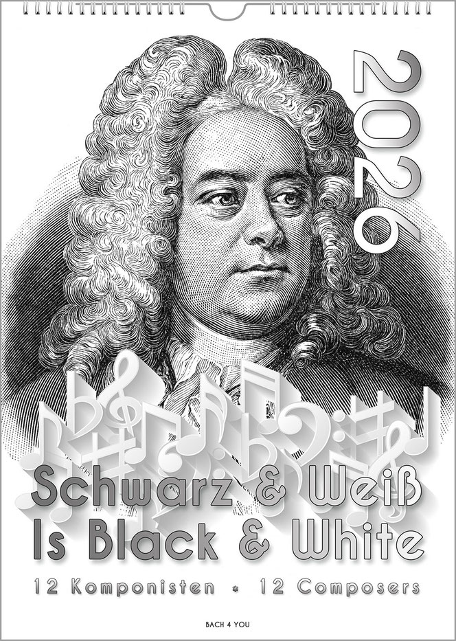A black and white portrait format composers calendar. It is a wood engraving of Handel. The year is upright on the right and the title is at the bottom. Above the title are huge white notes.