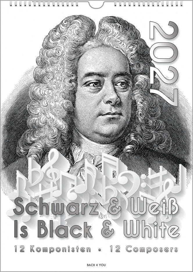 A black and white portrait format composers calendar. It is a wood engraving of Handel. The year is upright on the right and the title is at the bottom. Above the title are huge white notes.