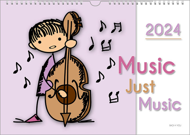 A music calendar for kids. The left three quarters of the surface are light pink, the right is white. A cute little painted man plays music on a bass. The calendar year is at the top right and the title is in the bottom half on the right.