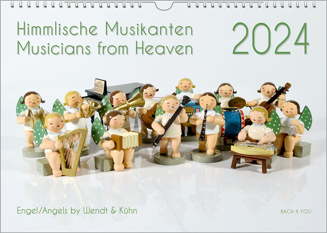 An orchestra with the famous Wendt & Kühn angels plays on this angels calendar in landscape format. The group of around 15 angels stands in front of and on a white background. The title is at the top left and the year at the top right.