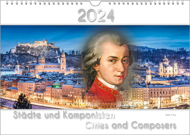 The calendar title is divided horizontally into three parts. At the top is the year on a white background, at the bottom the title on a white background. The area in the horizontal center is twice as large as the others: Mozart in front of snow-covered Sa