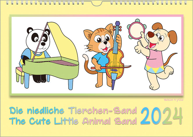 A landscape format children's music calendar. On a white field, surrounded by a light yellow field, three cute little animals play musical instruments. The title is at the bottom left and the year at the bottom right.