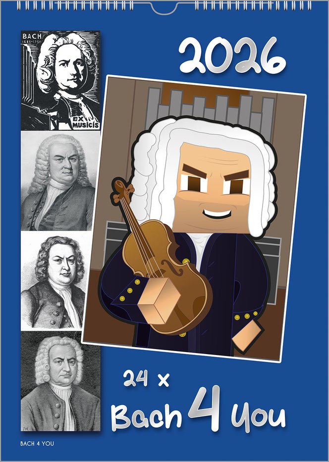 On a dark blue background on the right is a modern Bach cartoon, large and slanted as a rectangle. On the left are four small pictures of historical portraits of Bach. At the top is the year, at the bottom the title.