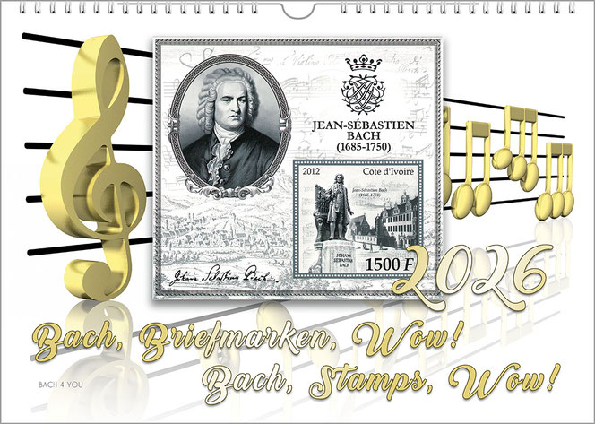 It is a landscape-format calendar in shades of red. On the right is the title "Mister Bach on Stamps!", above is a large number for the year. On the left is a stamp showing a portrait of J.S. Bach. It is a stamp from Ireland.