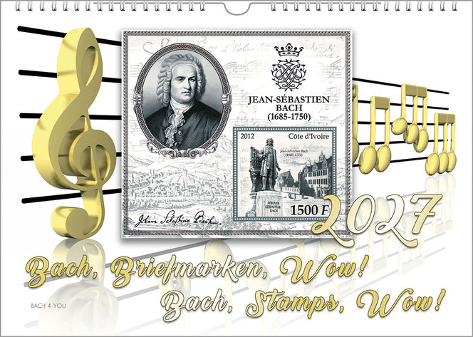 It is a landscape-format calendar in shades of red. On the right is the title "Mister Bach on Stamps!", above is a large number for the year. On the left is a stamp showing a portrait of J.S. Bach. It is a stamp from Ireland.