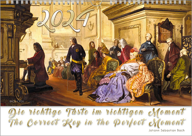A historical scene in an oil painting: the Prussian king and his small company listening to Bach playing music. The motif is in color, at the bottom is a white field with the title, the year is top left and white.