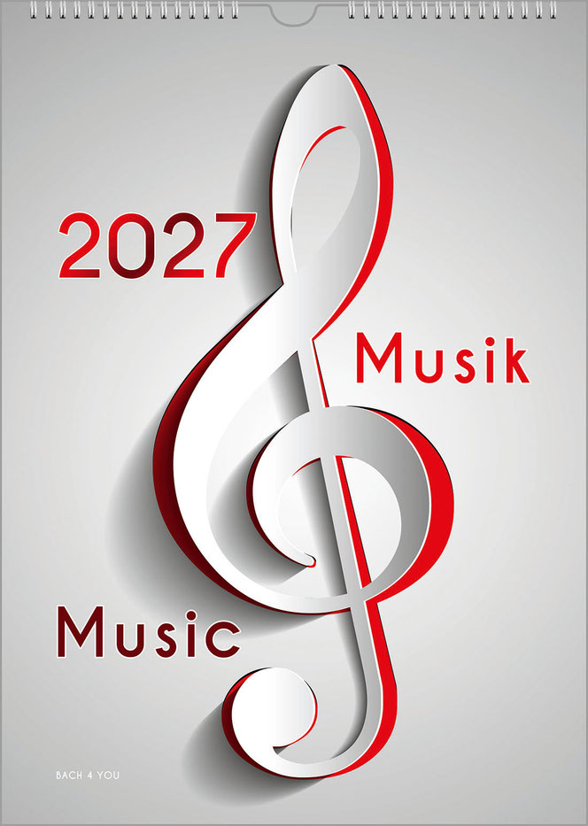 A very graphic music calendar in portrait format. A huge clef in red and white stands on a light gray background. The year is also in red at the top left, and the title is on the right and left in the lower half.