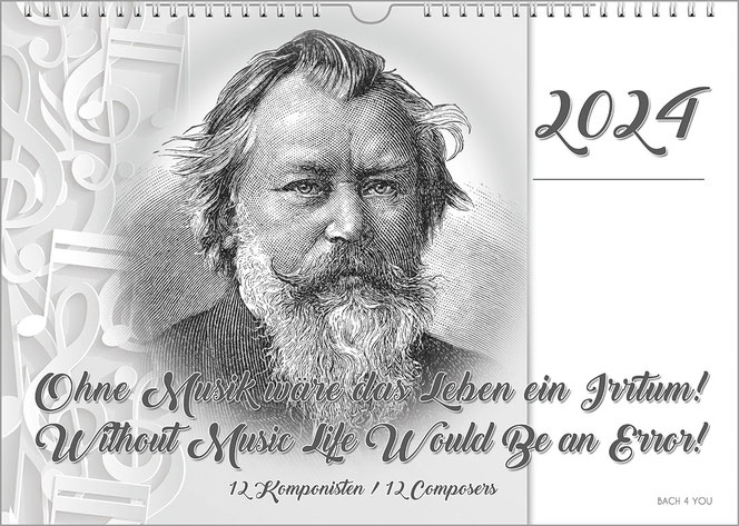 A composers calendar: Brahms is looking at the viewer on the two-thirds left. It is a black and white wood engraving. The right-hand field is white, with the year at the top and the title across the entire width at the bottom.
