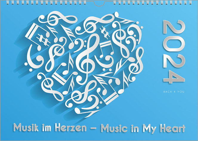 A music calendar. A heart made of many white notes is depicted on a light blue background. The year is upright on the right at the edge and huge, the title is at the bottom center.