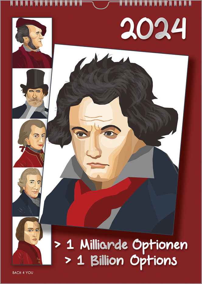 A special portrait format composer calendar. Large in a tilted rectangle is a cartoon of Beethoven. On the left edge are four more fields, much smaller, with 4 more composers, on a red background. At the top is the year, at the bottom the title.