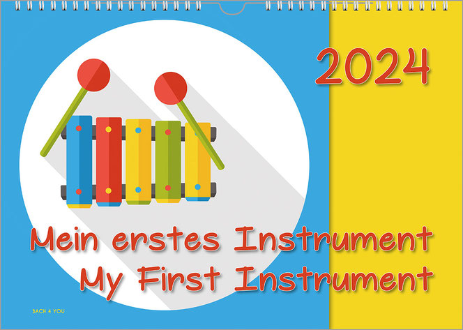 A music calendar for children in landscape format. The left two thirds are light blue, with a white circle containing a xylophone, painted for very young kids. The right third is yellow. The year is in red at the top right and the title is in red at the b
