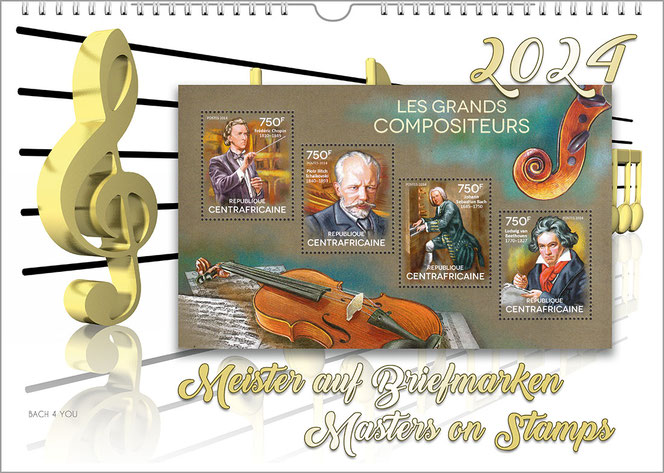 A composers calendar in landscape format in the Bach Shop. On a white background is a large block of stamps with four composers. In the background are yellow notes and a yellow clef. The year is at the top right and the title at the bottom.
