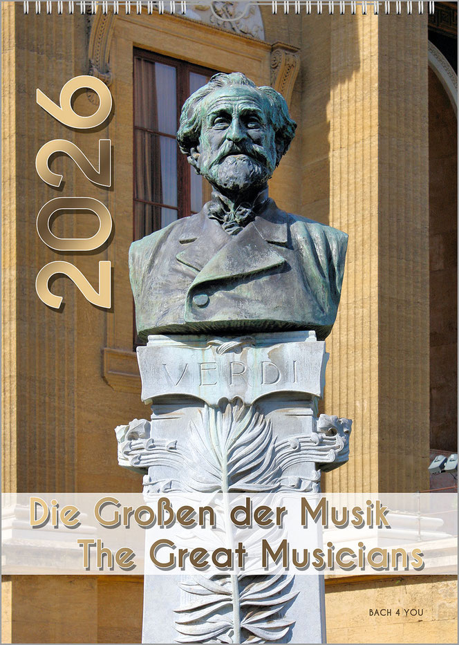 A photographed image in portrait format is now the cover page of the composers calendar. It is the monument dedicated to Verdi. At the top left is the year in huge numbers and gold, at the bottom the title in a milky band.
