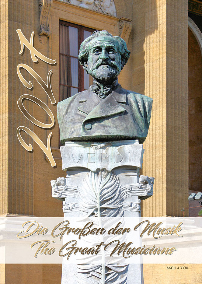 A photographed image in portrait format is now the cover page of the composers calendar. It is the monument dedicated to Verdi. At the top left is the year in huge numbers and gold, at the bottom the title in a milky band.