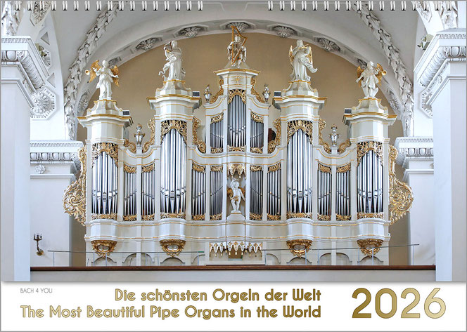 The current pipe organ calendar in the Bachshop. At the top is a full-format photo of a pipe organ, below it is a narrow, white horizontal strip with the title on the left and the year in gold on the right.