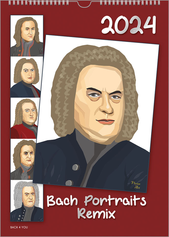 A Bach calendar in portrait format. A cartoon of Bach is placed diagonally on a dark red background. On the left are further pictures of Bach in the same style, one above the other. The year is at the top, the calendar title is at the bottom.