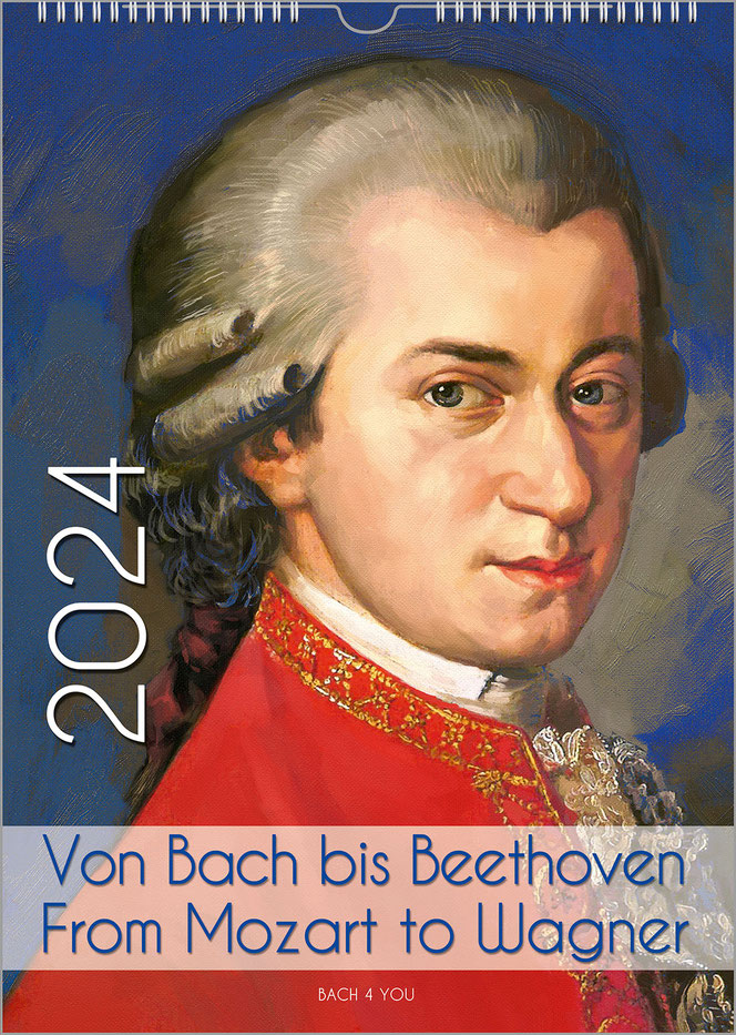 A composers calendar in portrait format in the Bach Shop. Mozart is recreated as an oil painting and looks deceptively similar to the original. Only the background is blue and not like the original. The year is upright on the left and the title is at the 