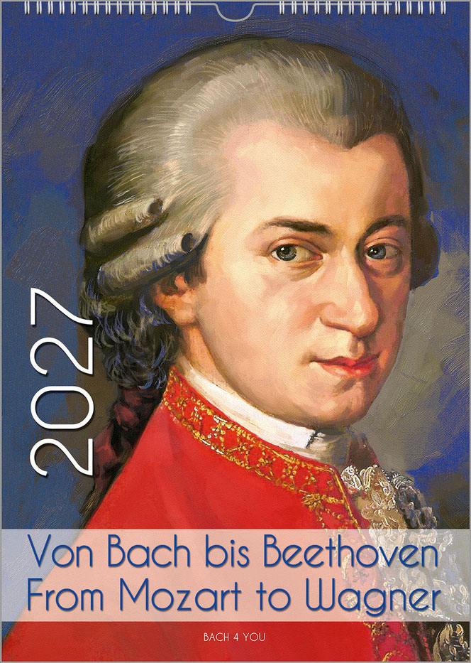 A composers calendar in portrait format in the Bach Shop. Mozart is recreated as an oil painting and looks deceptively similar to the original. Only the background is blue and not like the original. The year is upright on the left and the title is at the 