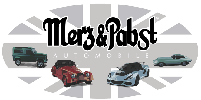Merz & Pabst Automobile Grafik mit exotischen Fahrzeugen (Land Rover, Morgan, Lotus, Jaguar)