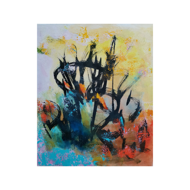Varovasti siellä, Carefully there, 54 x 46, mixed media on canvas / available