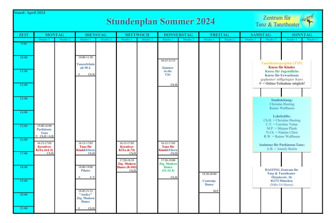Stundenplan im Hasting Tanz Studio in München Sendling