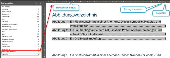 Zu sehen ist, welche Auswirkungen die so geänderte Formatvorlage Abbildungsverzeichnis auf das Lineal hat.