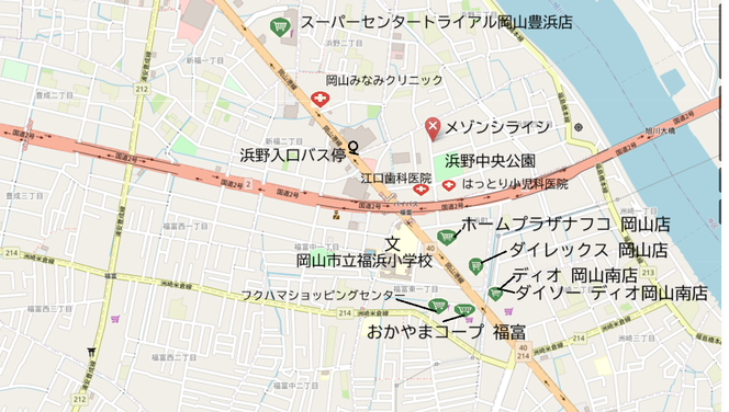 岡山市南区浜野4丁目周辺にある買い物施設の地図。スーパー、ドラッグストア、コンビニ、ホームセンターなどの位置を視覚的に確認できるマップ。