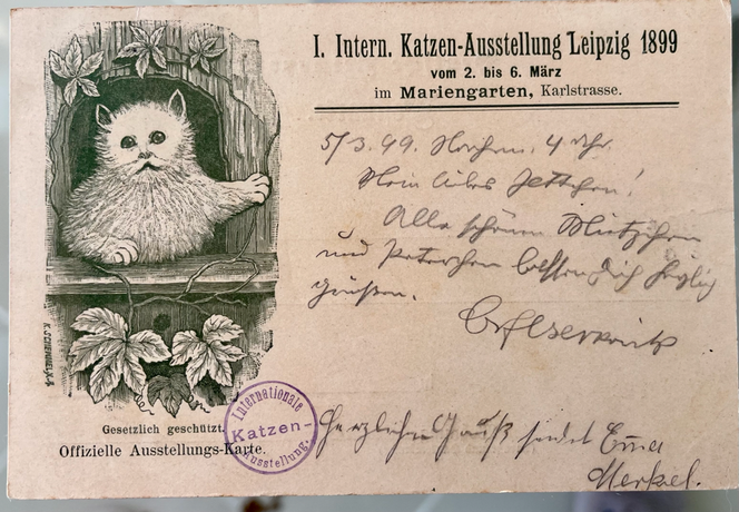 Postkarte, 1.Internationale Katzen-Ausstellung Leipzig, 1899, Deutsches Reich, Postkarte im Besitz von Birgitta Kuhlmey