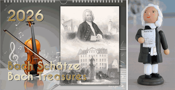 Links ist ein Bach-Kalender mit einem Cartoon von Bach schräg auf dunkelblauem Untergrund. Links davon sind vier historische kleine Porträts von Bach. Rechts ist die Kleine Bach-Figur auf weißem Untergrund.