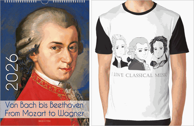 Links ist das Titelblatt eines Komponisten-Kalenders. Mozart schaut zum Betrachter. Es ist das Bild mit seiner roten Jacke. Rechts sieht man einen Mann ohne Kopf mit einem T-Shirts mit drei Chibi-Komponisten.