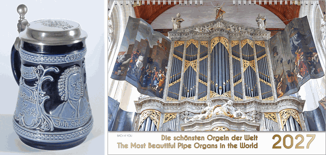 Links ist auf weißem Untergrund der noble Bach-Bierkrug von 2000. Rechts ist es ein Orgelkalender. Unter dem Orgelfoto ist ein weißes Feld mit dem Titel links und der Jahreszahl rechts.