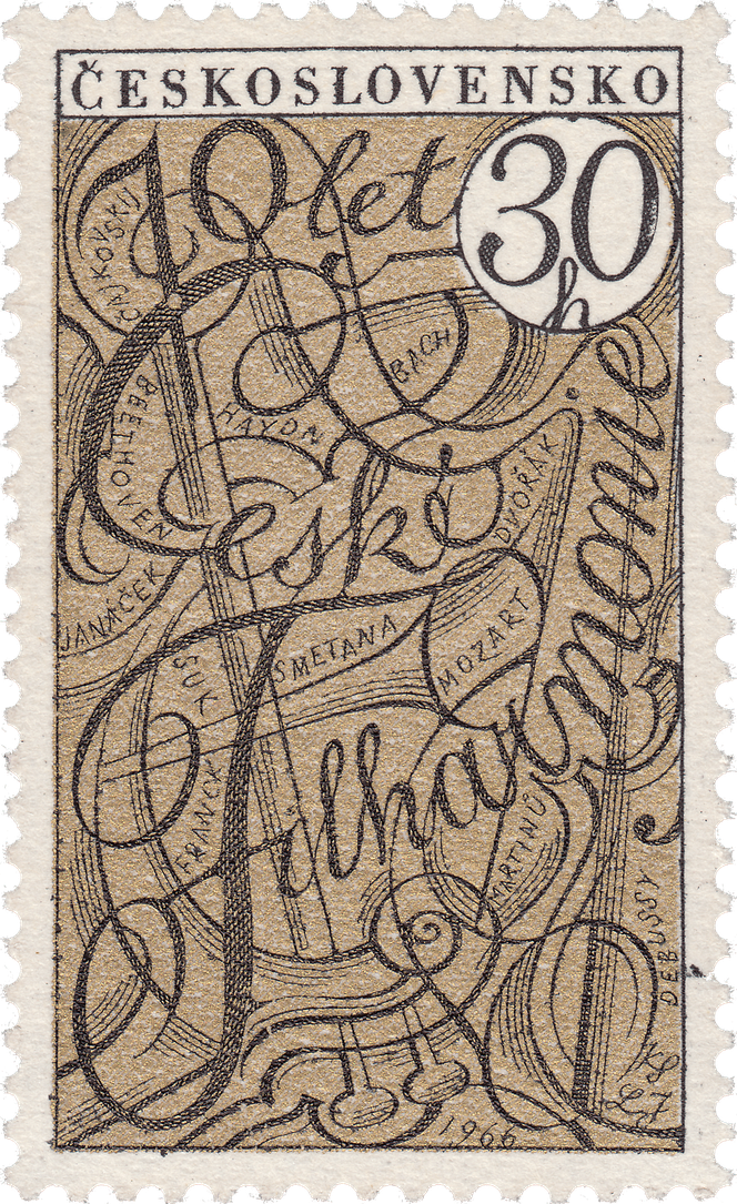 Auf einer hochformatigen Briefmarke aus der Tschoslowakai sind viele schwarze Noten, Verzierungen und Schnörkel sowie Namen in Schwarz auf einem hellbraunen Untergrund. Oben ist der Nennwert: 30.