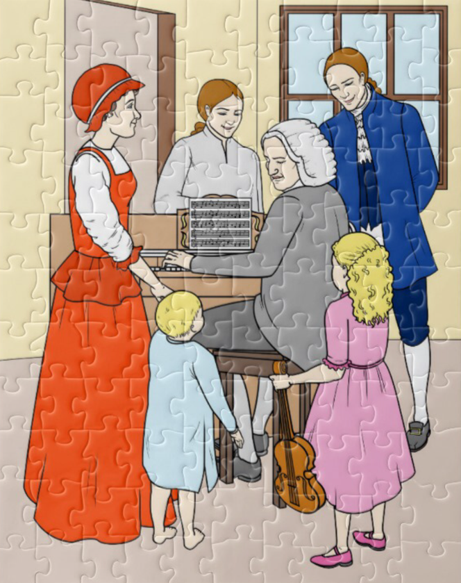 Man sieht ein Puzzle von einem ausgemalten Malbuch-Bild. Die Familie Bach steht um den Komponisten herum, der am Klavier sitzt.