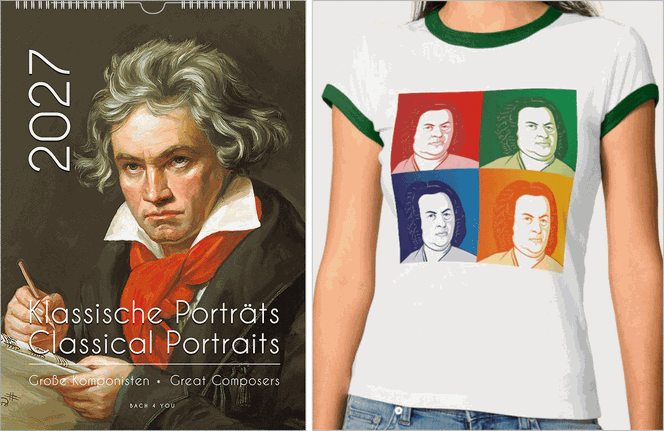 In der linken Bildhälfte ist ein Komponisten-Kalender-Titelblatt mit dem bekannten Beethoven-Motiv. Oben links ist das Jahr, unten der Titel. Auf der rechten Seite sieht man ein Bach-T-Shirt mit Bach im Warholstil.