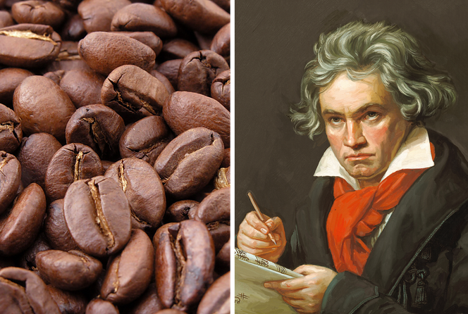 Ein querformatiges Bild ist senkrecht in zwei Hälften getetilt. Links sieht man etwa zwanzig Kaffeebohnen riesig, rechts ist es das berühmte Ölbild von Beethoven mit weißem Hemdkragen und roten Tuch.