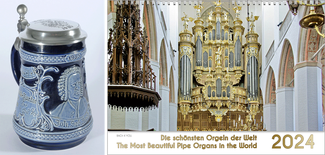 Links ist als Hochformat der hellblau/dunkelblaue Bach-Bierkrug. Rechts sind drei Viertel der Fläche ein Orgelkalender. Oben ist das Foto einer golden/silbernen Orgel, unten ist in einer weißen Fläche links der Titel, rechts die Jahreszahl.